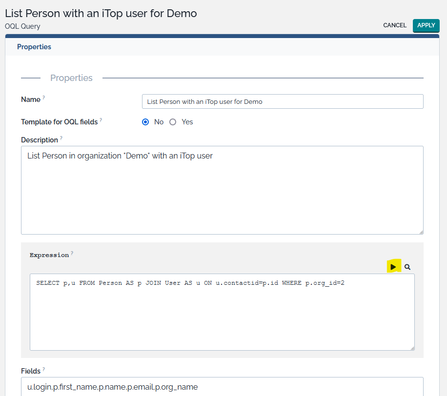 Button for testing the OQL