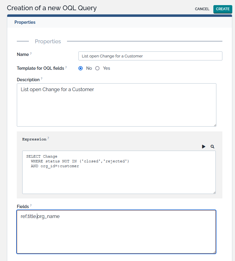 Form to create a new Query
