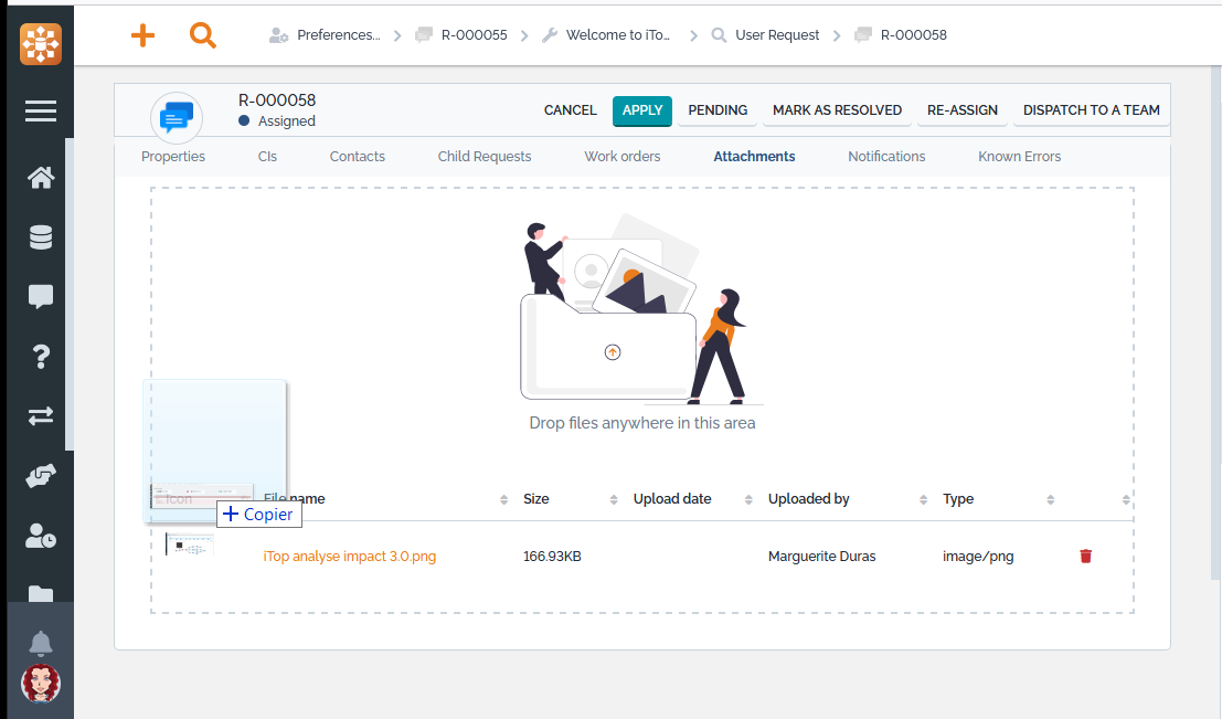 Dragging files over the "Attachments" tab