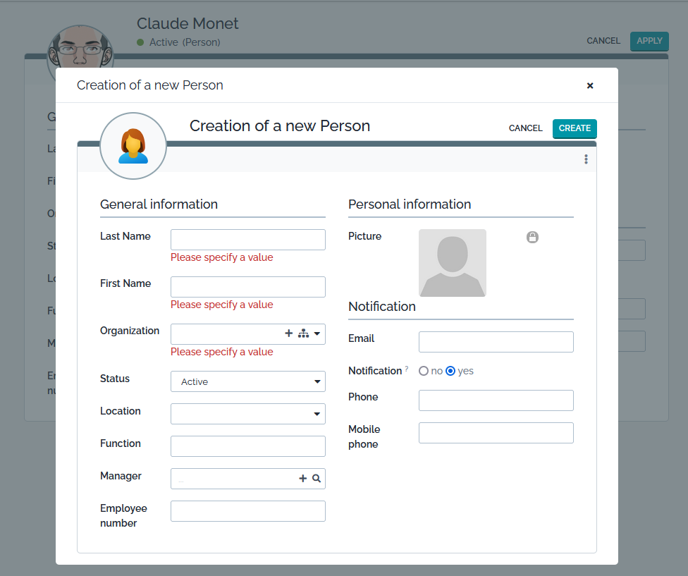New Person Popup Dialog
