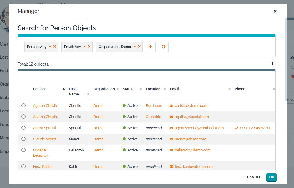 Popup dialog to search for Persons
