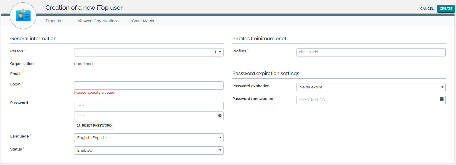 Creating a new iTop User