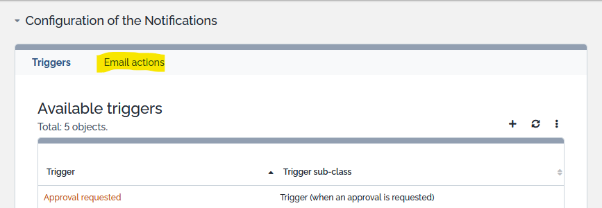Email actions tab on Notifications