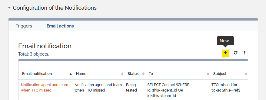 Email actions creation button