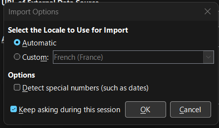 Import options window
