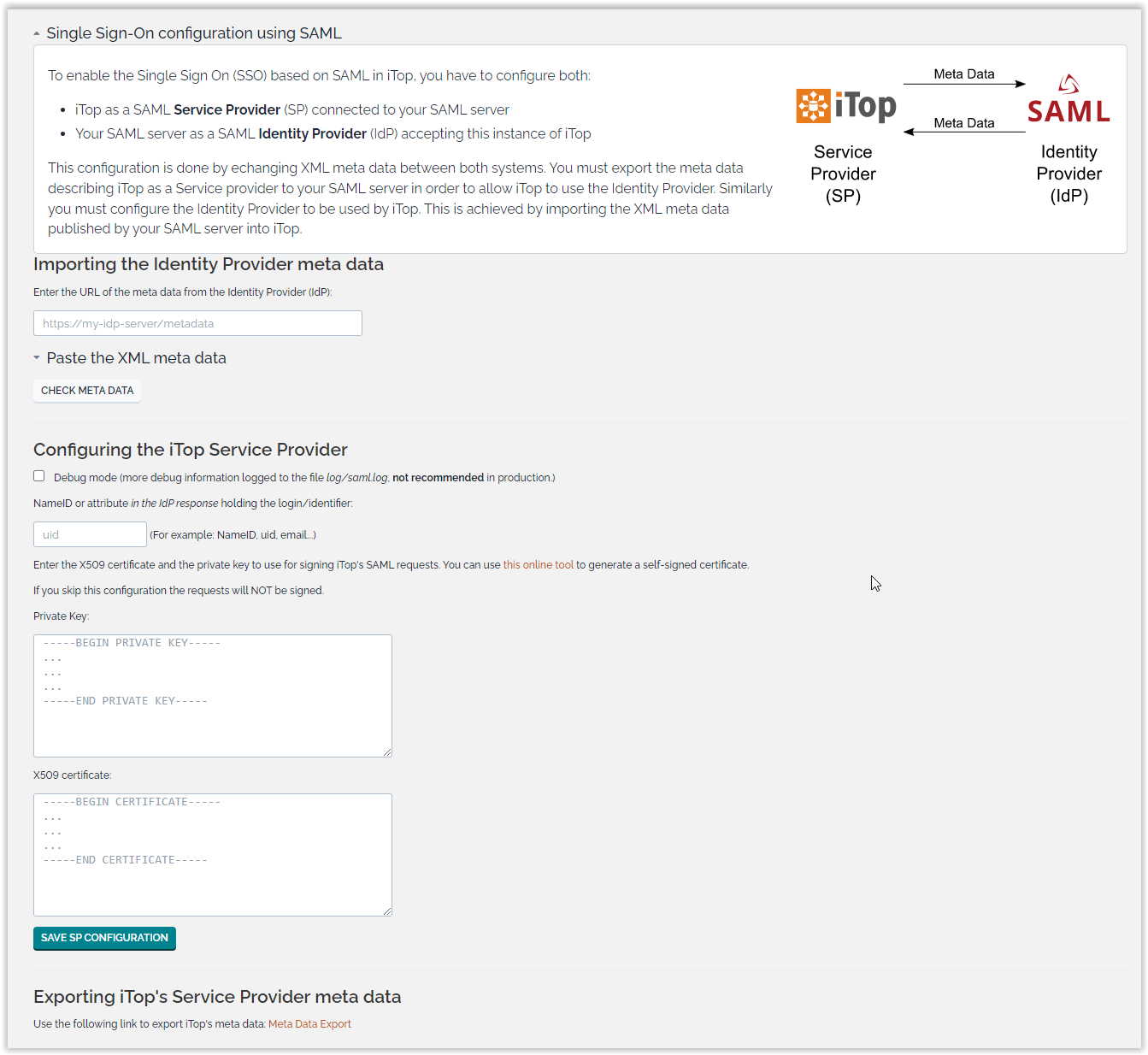 SAML configuration form