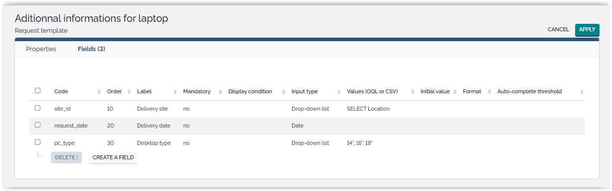  Customized request forms fields list